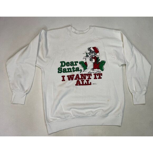 VINTAGE Dear Santa I Want It All Christmas Graphic Sweatshirt Women Medium 90s - Picture 1 of 9